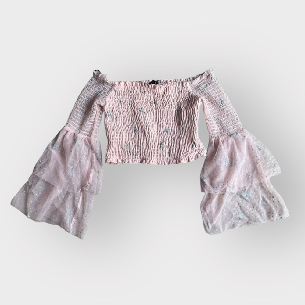 Forever 21 Pink Tulle Silver Glitter Stars Bell Sleeve Smocked Crop Top